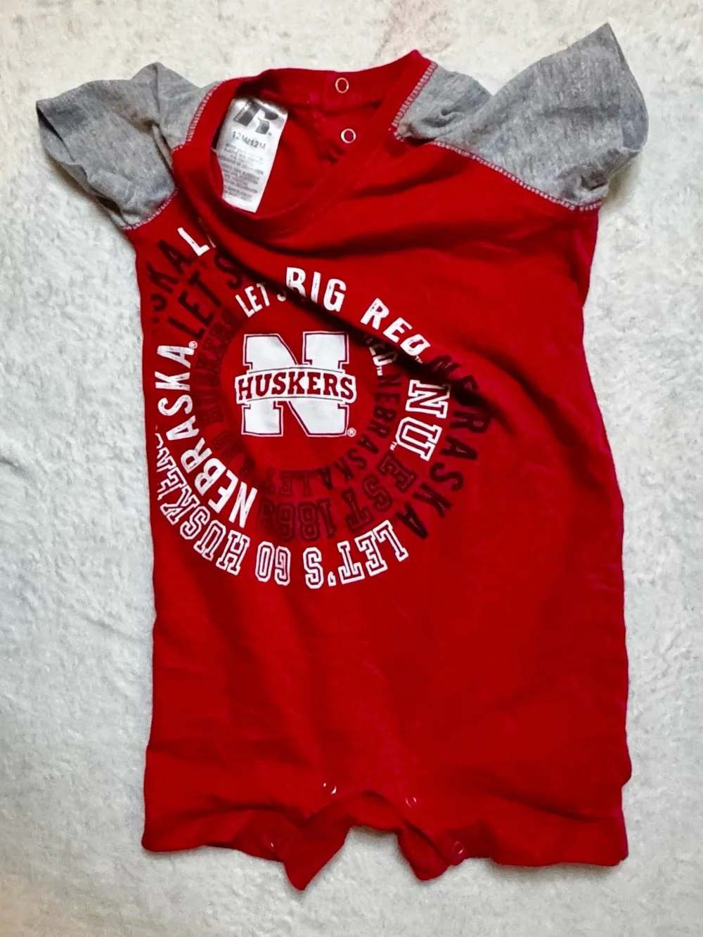 University of Nebraska Huskers Red & Gray 12 month Baby Romper with bottom snaps